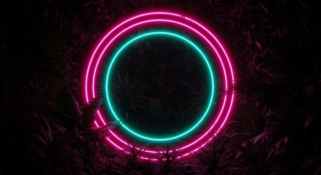 Neon Circles Glowing in Lush Dark Foliage Backdrop