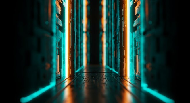 Illuminated Corridor Abstract Background with Neon Lights