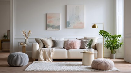 Poster - Modern living room with cozy furnishings and natural accents in bright, minimalist design