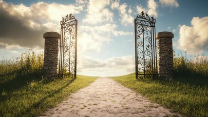 Wall Mural - sunlit path through open iron gates leading to serene landscape under blue sky with clouds