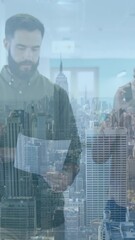 Poster - Animation of financial data processing and cityscape over diverse business people