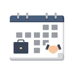 Poster - A flat design illustration depicts a calendar with a briefcase and handshake, symbolizing business meetings, appointments, and successful partnerships in a professional setting.