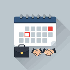 Poster - A flat vector illustration depicts a calendar with marked dates, a briefcase, and a handshake, representing business appointments and agreements on a neutral background.