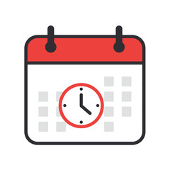 Poster - A calendar icon with a clock face in the center, rendered in a flat design style with red and gray accents, ideal for time management concepts and scheduling.