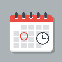 Poster - Flat design calendar icon with a circled date and clock, symbolizing planning, scheduling, and time management.