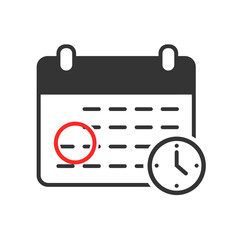Poster - A clean vector illustration depicts a calendar icon with a clock, highlighting a specific date with a red circle, ideal for time management concepts.