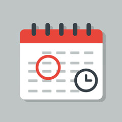 Poster - Modern flat design illustration of a calendar with a circled date and a clock icon symbolizing important appointments, deadlines, and time management.