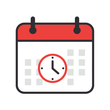A calendar icon with a clock face in the center, rendered in a flat design style with red and gray accents, ideal for time management concepts and scheduling.