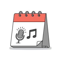 Poster - A stylized calendar page displays icons representing a microphone and a musical note, suggesting an event or schedule related to audio or music.