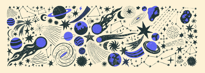 vintage crayon drawn stars, comets, planets and asteroids collection. childish drawing cosmic illust