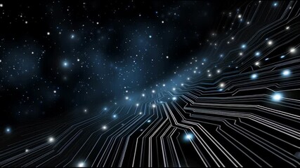 Poster - Futuristic digital circuit board glowing with blue light, starry space background featuring intricate electronic pathways, bright light points, and cosmic technology atmosphere