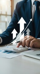 Poster - Business professional calculating growth with upward arrows. Corporate finance and progress visualization. Modern office work with calculator and laptop.