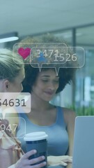 Poster - Animation of social media icons and data processing over business people working in office