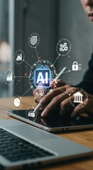Poster - Hands using tablet and laptop with AI and data analysis icons. Futuristic digital connectivity with stylus. Modern tech innovation with glowing AI symbol.