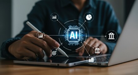 Poster - Hands using tablet and laptop with AI and data analysis icons. Futuristic digital connectivity with stylus. Modern tech innovation with glowing AI symbol.