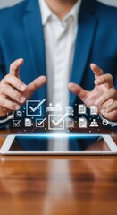 Poster - Business professional organizing tasks with digital icons. Tablet and office workflow composite. Modern corporate efficiency with checkmarks.