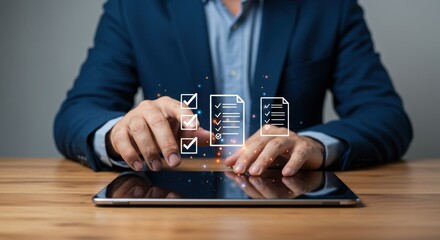 Poster - Business professional organizing tasks with digital icons. Tablet and office workflow composite. Modern corporate efficiency with checkmarks.
