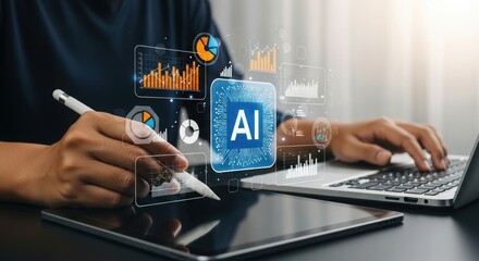 Poster - Digital illustration of AI analytics on tablet. Tech professional interacting with data visualization. Modern workspace with AI-powered graphs and charts.