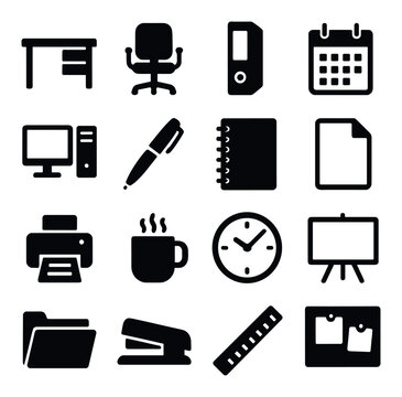 Office essentials icon collection. simple silhouette desk, chair, calendar, pen, folder, clock vector icons.