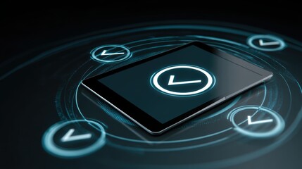 Poster - A futuristic digital smartphone display shows clock icons surrounded by holographic circular data interfaces on a dark blue background, laptop with AI checklist