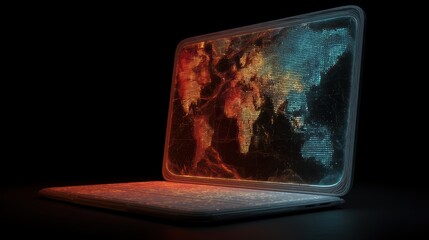 Poster - A glowing laptop displays a digital world map, symbolizing global connectivity and technology in a dark setting, laptop with AI checklist