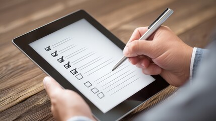 Poster - A person is completing a checklist on a digital tablet using a stylus pen, on a wooden surface, laptop with AI checklist