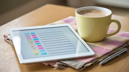 Poster - A tablet with a colorful checklist and a pen beside it, next to a yellow cup of coffee on a folded cloth on a wooden table, laptop with AI checklist