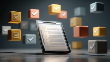 Poster - A digital tablet displays a checklist, surrounded by floating colored cubes with check marks, symbolizing task management and productivity, laptop with AI checklist