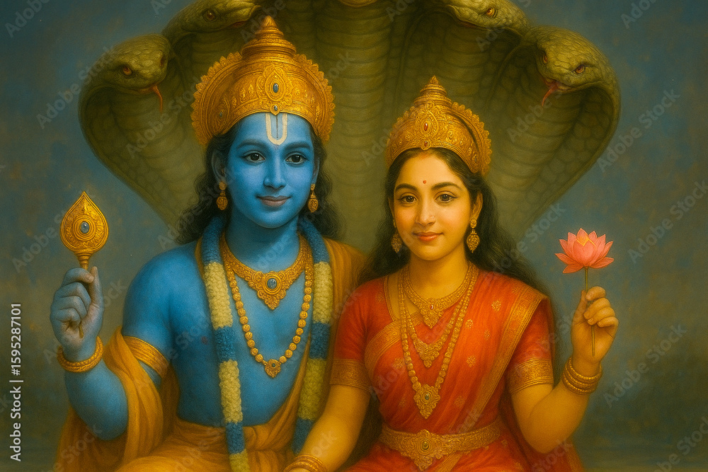 Lord Vishnu and Goddess Lakshmi Divine Union Illustration Stock ...