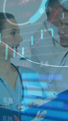 Poster - Animation of multiple graphs moving over diverse smiling doctors analyzing reports in hospital