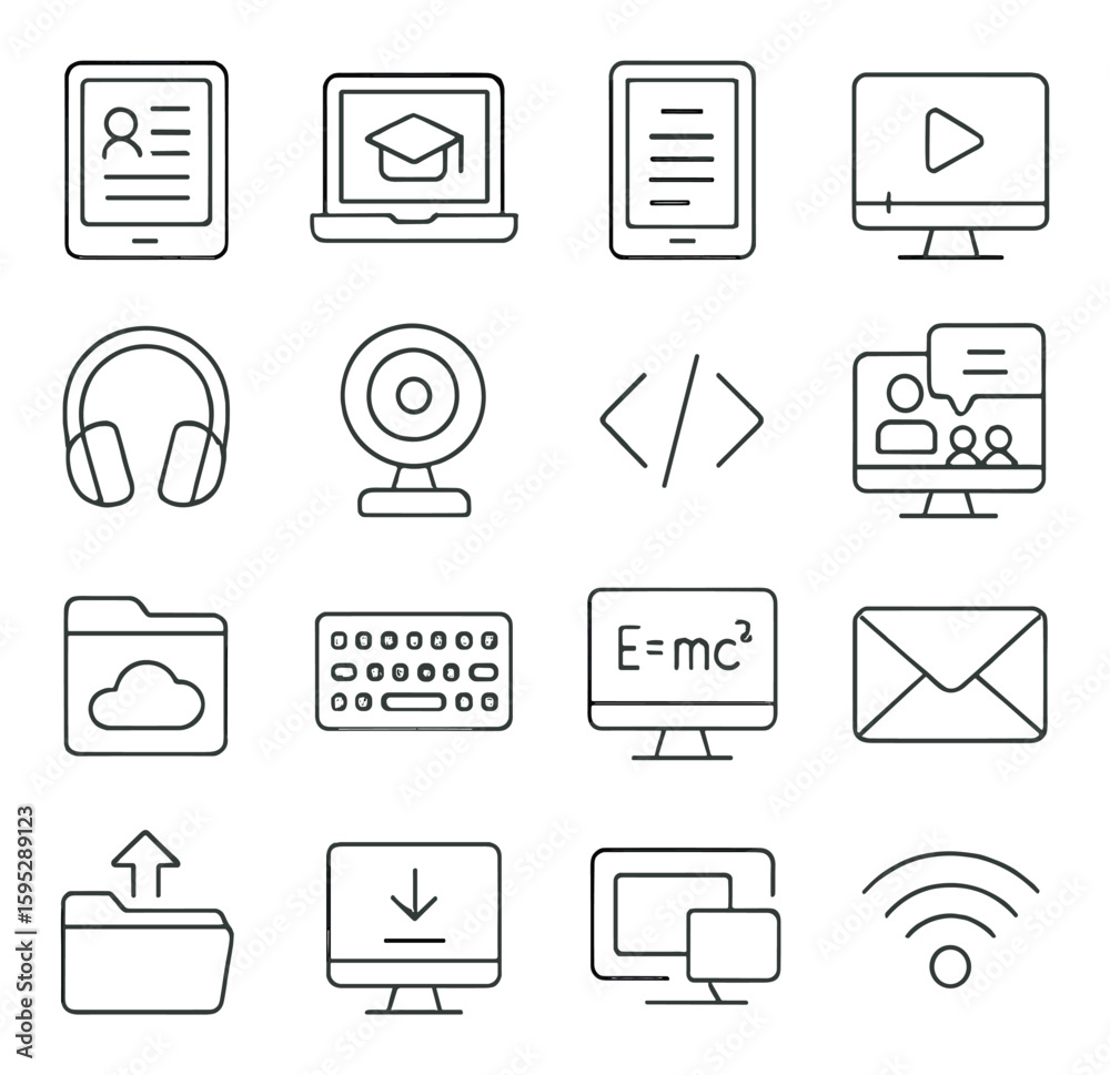 Computer Learning Module Icon Digital learning icon collection: online education linear symbols ...