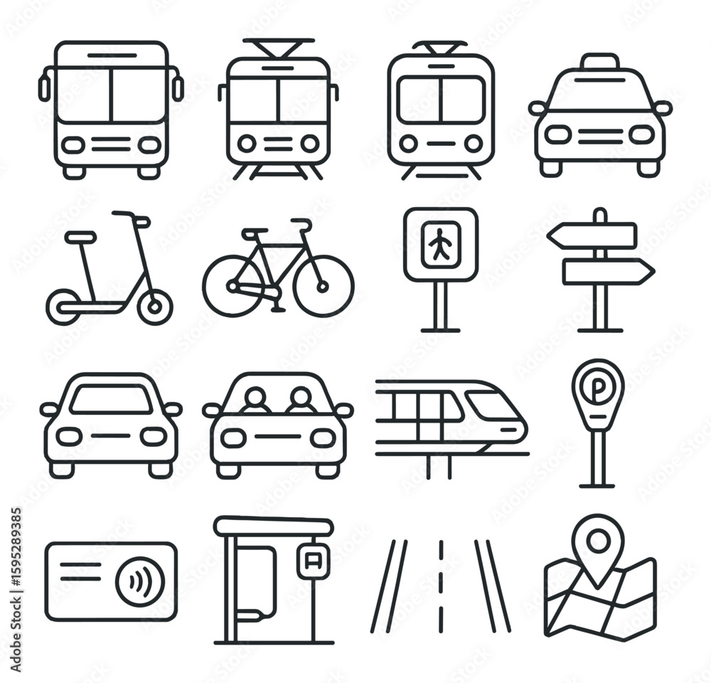 Urban transport icon collection: simple linear city commuter, bus ...