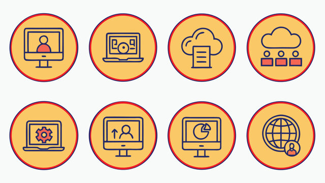Set of technology and digital communication icons in oval shapes