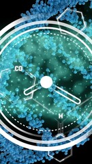 Poster - Animation of digital clock over dots forming dna helixes and molecule structures on black background