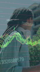 Leinwandbilder - Animation of graphs and changing numbers, man using phone and raising hand to stop cab