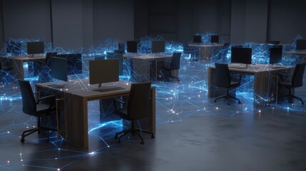 Poster - Modern office with desks and chairs connected by digital network lines, symbolizing connectivity and data exchange in a tech-driven workspace, AI integrated laptop