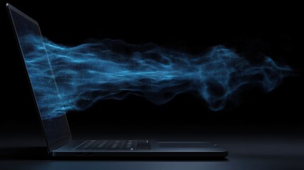 Poster - A laptop emits a flowing stream of blue digital particles, symbolizing data transfer or virtual connectivity in a dark, tech-inspired setting, AI integrated laptop
