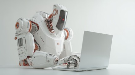 Poster - A futuristic robot with a white and orange design is typing on a laptop against a plain white background, AI integrated laptop