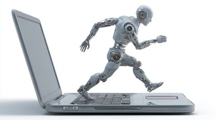 Poster - A futuristic robot runs out of a laptop keyboard, symbolizing technology and AI integration in computing, AI integrated laptop