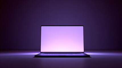 Poster - A sleek laptop with a glowing purple screen illuminates a dark, minimalist space, highlighting modern technology and digital innovation, AI integrated laptop