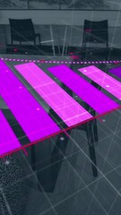 Poster - Animation of bar graph with arrow downgrading over empty chairs and tables arranged in office