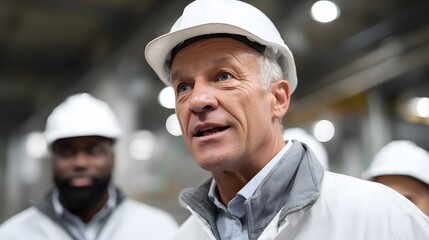 Poster - CEO speaking with factory workers during site visit