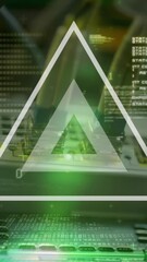 Fototapete - Animation of triangular shapes in seamless pattern against close up of a computer server