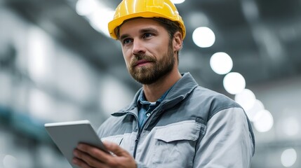 Poster - A worker using a tablet to monitor a factory process