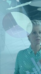 Poster - Animation of data processing against diverse man and woman discussing over memo notes at office