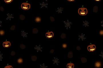 Poster - Halloween Pattern with Carved Pumpkins Glowing Eyes Spiders and Brown Shapes on Black Background