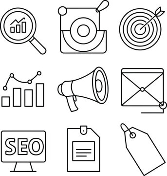 Simple Line Icons Depicting Essential Digital Marketing Strategies
