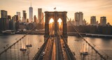 Brooklyn Bridge at Golden Hour: Iconic New York City Skyline and Sailboats Over the River