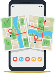 Wall Mural - smartphone with navigation maps showing route and location pins for travel and direction finding