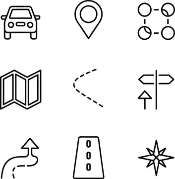 A set of nine simple, black line icons representing navigation, location, and travel.